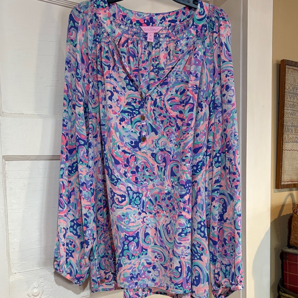 Lilly Pulitzer Vibrant Elsa Silk Blouse in Pink and Blue